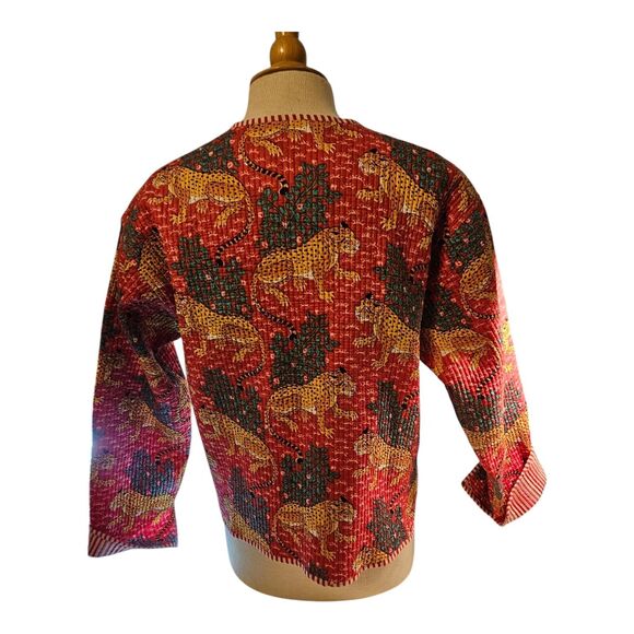 Artisan screen-print quilted jacket, jungle leopards, 100 % cotton, reversible - Picture 7 of 14